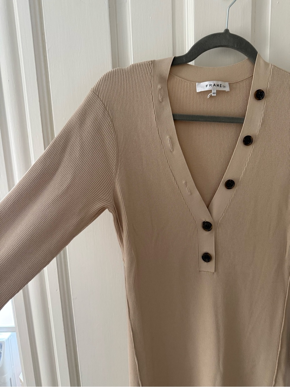 Frame Denim Beige Long Sleeve V-Neck Midi Dress with Side Slit - Picture 3 of 6
